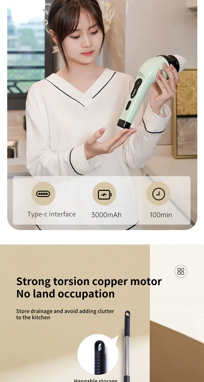 Electric Cleaning Brush 2-gear Electric Rotary Floor Scrubber Wireless Cordless 360 Adjust Extension Handle Home Cleaning Tools