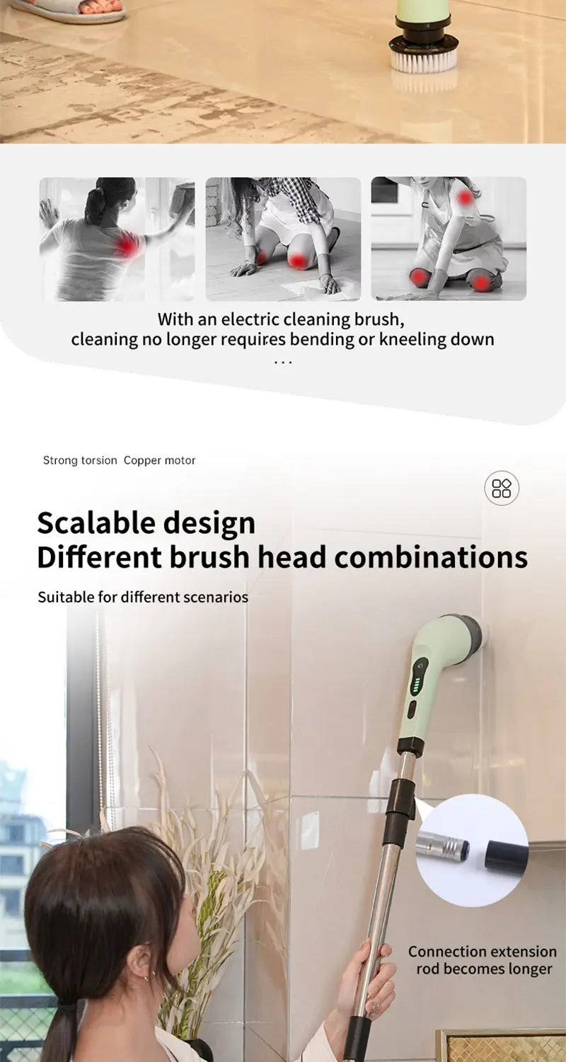 Electric Cleaning Brush 2-gear Electric Rotary Floor Scrubber Wireless Cordless 360 Adjust Extension Handle Home Cleaning Tools