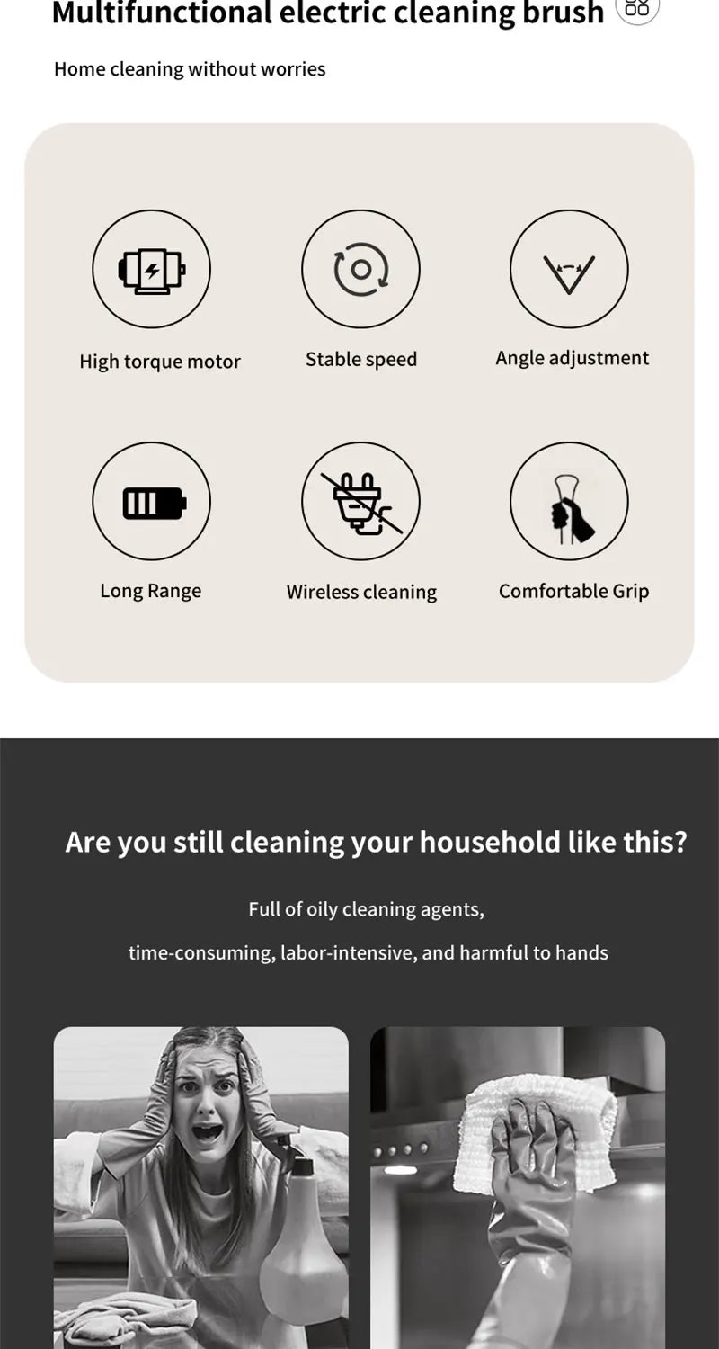 Electric Cleaning Brush 2-gear Electric Rotary Floor Scrubber Wireless Cordless 360 Adjust Extension Handle Home Cleaning Tools
