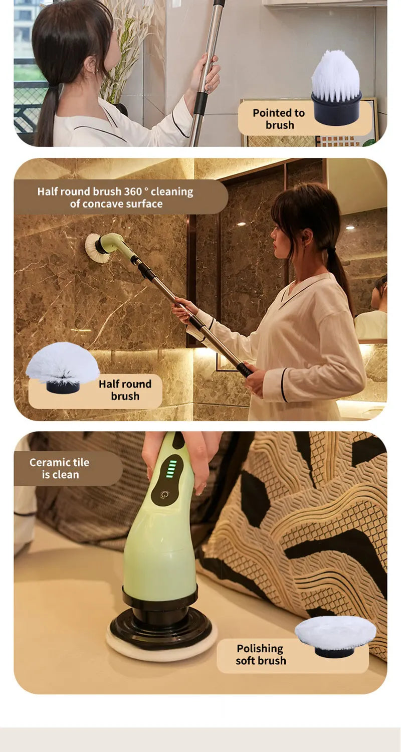 Electric Cleaning Brush 2-gear Electric Rotary Floor Scrubber Wireless Cordless 360 Adjust Extension Handle Home Cleaning Tools
