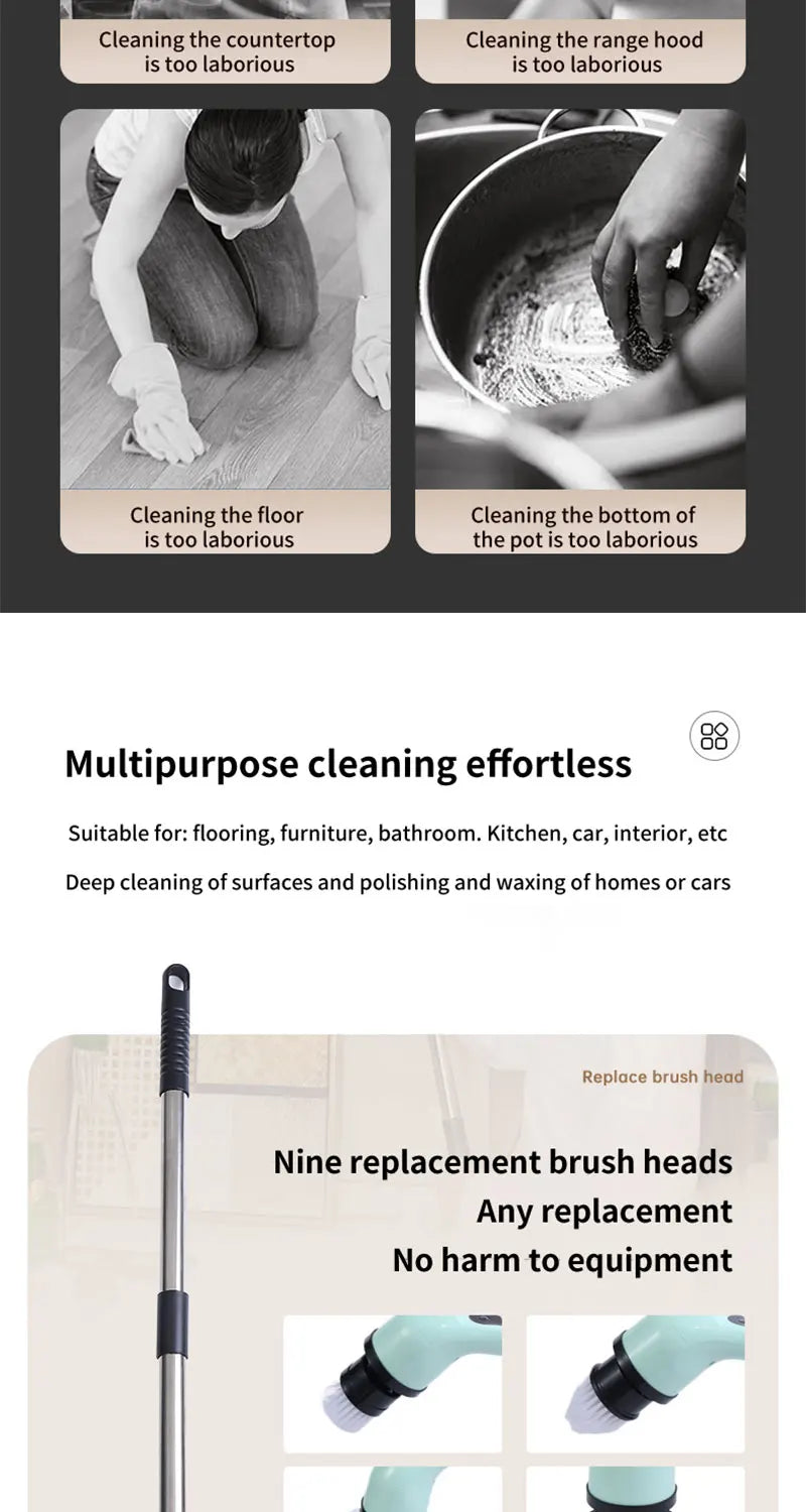Electric Cleaning Brush 2-gear Electric Rotary Floor Scrubber Wireless Cordless 360 Adjust Extension Handle Home Cleaning Tools